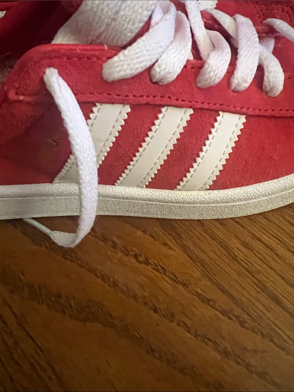 adidas Red Suede Sneakers with White Stripes - Picture 4 of 5